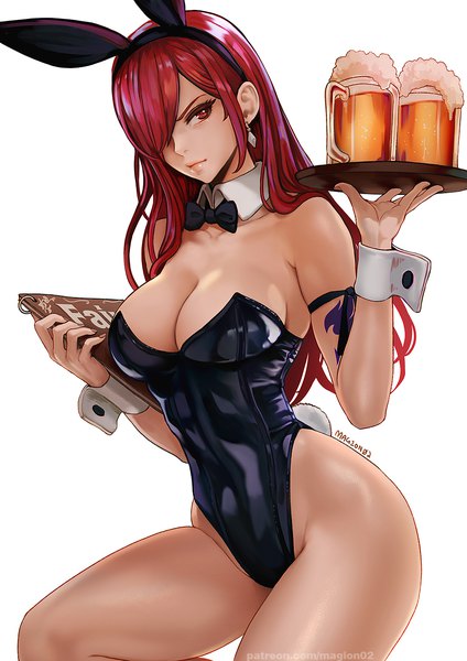 Anime picture 1000x1414 with fairy tail erza scarlet magion02 single long hair tall image looking at viewer fringe breasts light erotic simple background red eyes large breasts standing white background holding signed animal ears cleavage red hair
