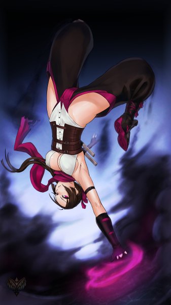 Anime picture 2700x4800 with forgotten-wings single long hair tall image looking at viewer highres breasts light erotic brown hair armpit (armpits) upside down girl gloves clothes ninja