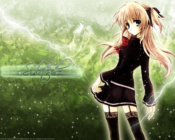 Anime picture 1280x1024 with quiz magic academy shalon yukiwo limefreak single long hair looking at viewer blue eyes blonde hair signed two side up third-party edit lightning girl thighhighs black thighhighs garter straps