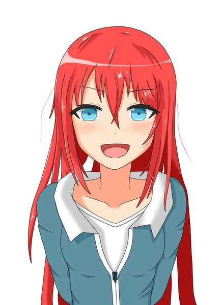 Anime-Bild 785x1080 mit original valtos single long hair tall image looking at viewer blush fringe open mouth blue eyes simple background smile hair between eyes white background upper body red hair girl jacket zipper