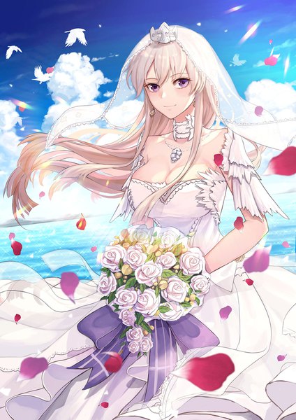 Anime picture 1200x1697 with azur lane enterprise (azur lane) enterprise (starlight oath) (azur lane) soyubee single long hair tall image looking at viewer blush fringe breasts light erotic smile hair between eyes large breasts standing purple eyes holding payot sky