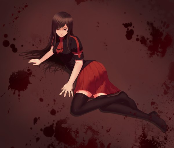 Anime picture 2742x2342 with blood c production i.g kisaragi saya ki (pixiv4040253) single long hair highres breasts red eyes large breasts looking away lying pleated skirt no shoes on side reclining red background thighhighs skirt uniform