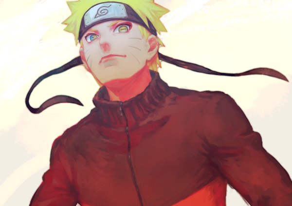 Anime picture 1200x846 with naruto studio pierrot naruto (series) uzumaki naruto andref kanzaki single looking at viewer short hair blonde hair simple background white background green eyes from below facial mark whisker markings multicolored eyes jinchuriki boy hairband