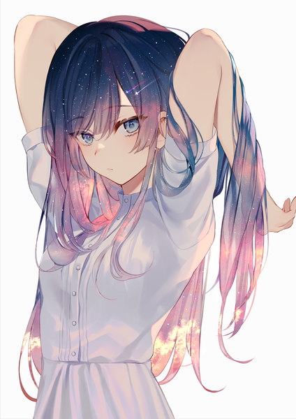 Anime picture 848x1200 with original achiki single long hair tall image looking at viewer blush fringe blue eyes simple background hair between eyes standing white background cloud (clouds) upper body night arms up short sleeves night sky arm behind head