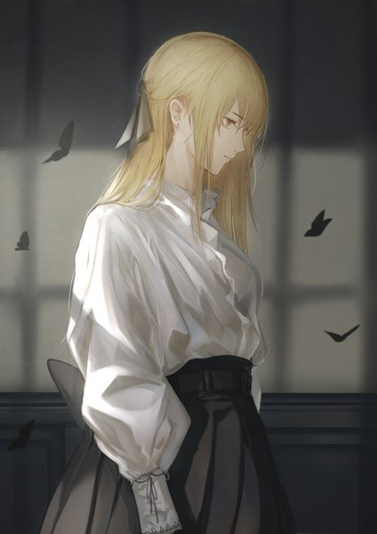 Anime picture 2026x2865 with original marumoru single long hair tall image fringe highres blonde hair hair between eyes red eyes standing payot looking away indoors long sleeves profile pleated skirt puffy sleeves expressionless girl