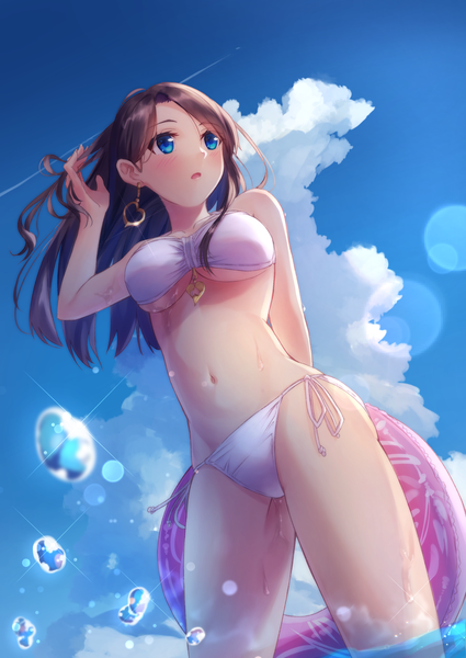 Anime picture 1505x2125 with original shun'ya (daisharin36) single long hair tall image blush breasts open mouth blue eyes light erotic brown hair bare shoulders payot looking away sky cloud (clouds) outdoors wind bare legs bare belly