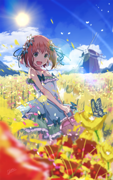 Anime picture 754x1200 with gothic wa mahou otome souffle (gothic wa mahou otome) yae (mono110) single tall image blush fringe short hair open mouth smile brown hair bare shoulders holding green eyes signed looking away cloud (clouds) outdoors :d hair flower