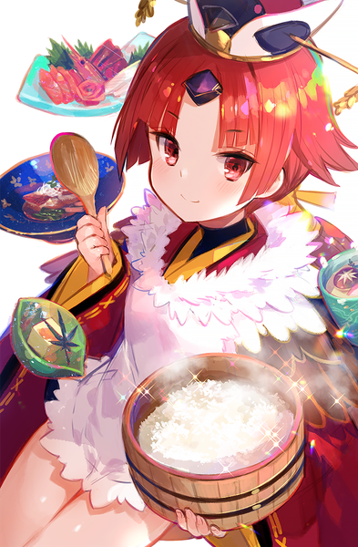 Anime picture 787x1200 with fate (series) fate/grand order benienma (fate/grand order) fuzichoco single long hair tall image looking at viewer blush fringe red eyes red hair blunt bangs traditional clothes japanese clothes from above wide sleeves sparkle low ponytail girl