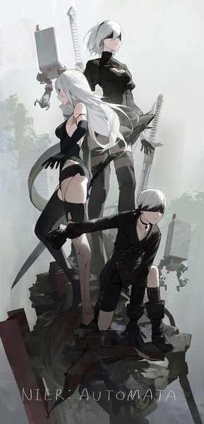 Anime picture 1500x3117 with nier nier:automata yorha no. 2 type b yorha type a no. 2 pod (nier:automata) yorha no. 9 type s modare long hair tall image short hair standing multiple girls white hair profile copyright name blindfold girl thighhighs boy gloves