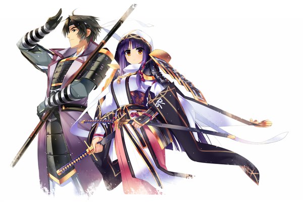 Anime picture 1700x1133 with dragonmaterial long hair short hair black hair white background brown eyes looking away purple hair traditional clothes girl boy weapon sword katana
