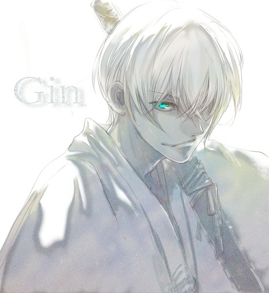 Anime picture 1000x1085 with bleach studio pierrot ichimaru gin tamaki (artist) single tall image looking at viewer short hair simple background blonde hair white background traditional clothes japanese clothes aqua eyes light smile inscription shinigami gotei boy weapon