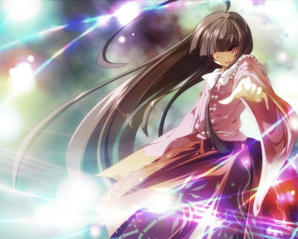 Anime picture 1280x1024 with touhou houraisan kaguya sakurame single looking at viewer fringe red eyes brown hair ahoge blunt bangs very long hair hair over one eye wallpaper outstretched hand girl