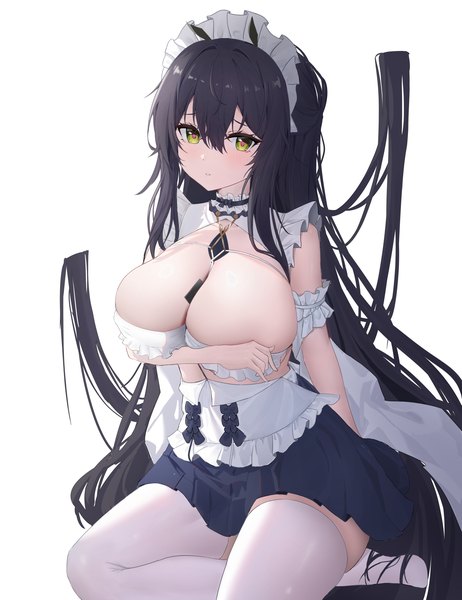 Anime-Bild 3554x4616 mit azur lane indomitable (azur lane) indomitable (ms. motivationless maid) (azur lane) luoboko single tall image looking at viewer blush highres breasts light erotic black hair simple background large breasts white background sitting green eyes absurdres very long hair parted lips