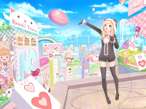 Anime-Bild 1600x1200 mit hello kitty original sanrio valerka long hair looking at viewer blonde hair smile standing multiple girls green eyes animal ears sky long sleeves bunny ears city solo focus colorful girl thighhighs