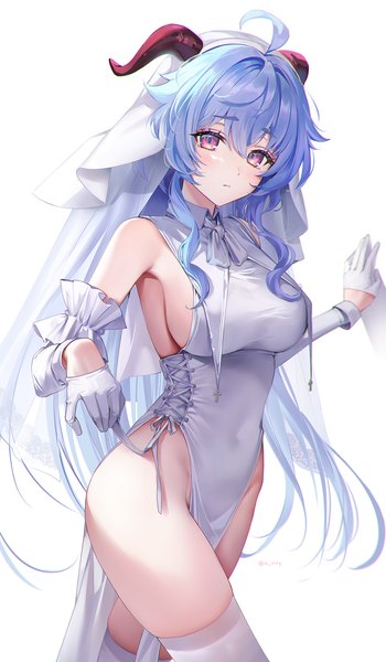 Anime picture 1200x2057 with genshin impact ganyu (genshin impact) rity single long hair tall image fringe breasts light erotic simple background hair between eyes white background purple eyes blue hair ahoge sideboob covered navel side slit girl thighhighs