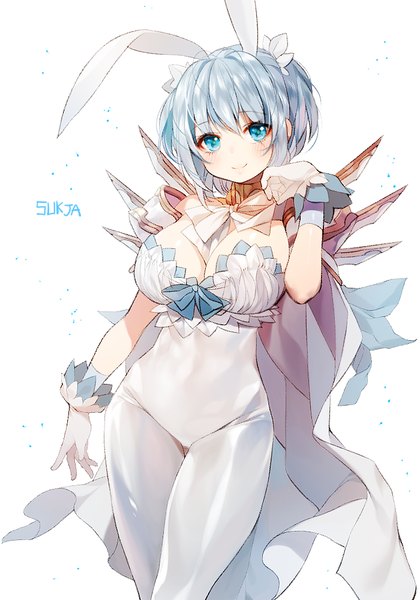 Anime picture 700x1000 with original sorolp single tall image looking at viewer blush fringe short hair breasts blue eyes light erotic smile large breasts standing white background signed animal ears payot blue hair cleavage