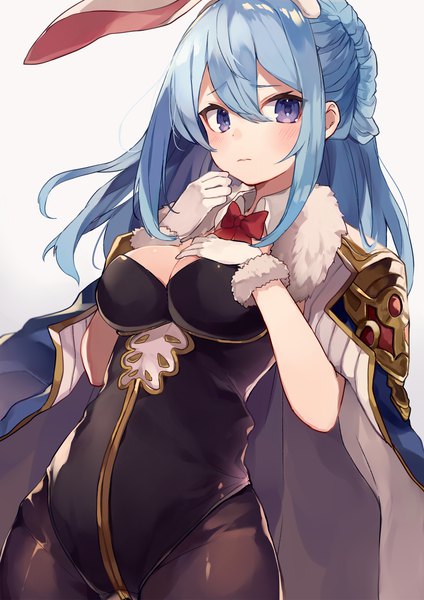 Anime picture 800x1131 with granblue fantasy therese (granblue fantasy) shugao single long hair tall image looking at viewer blush fringe breasts light erotic simple background hair between eyes large breasts white background purple eyes animal ears payot blue hair cleavage