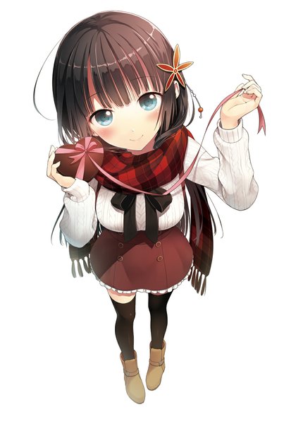 Anime picture 800x1161 with kanojo-tachi no meshi ga mazui hyaku no riyuu kagami benio taishou tanaka single long hair tall image looking at viewer blush blue eyes black hair girl thighhighs dress black thighhighs scarf gift