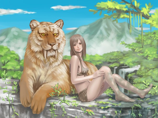 Anime picture 1024x768 with long hair smile brown hair sitting barefoot mountain nature tiger mamedanuki smilodon