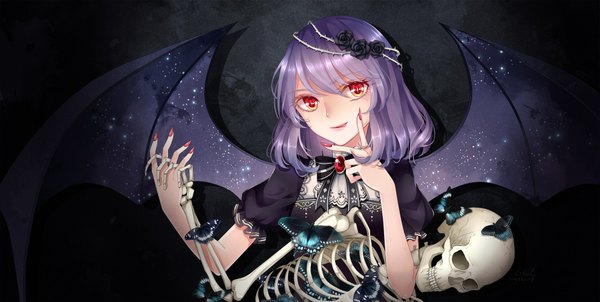 Anime picture 1983x1000 with touhou remilia scarlet stari single looking at viewer highres short hair red eyes wide image silver hair hair flower dark background skeleton girl dress hair ornament flower (flowers) wings insect butterfly
