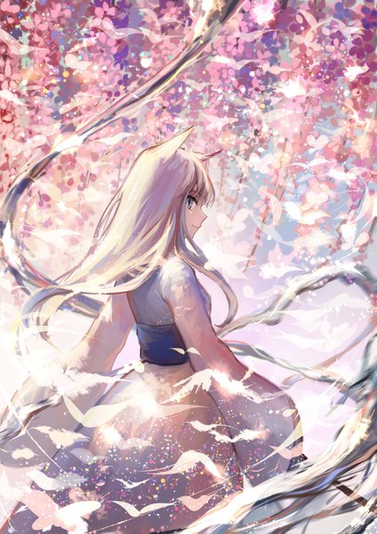 Anime picture 2480x3507 with original pixiv fantasia pixiv fantasia t sishenfan single long hair tall image looking at viewer fringe highres blue eyes smile standing holding animal ears white hair long sleeves traditional clothes japanese clothes profile