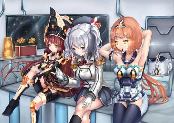 Anime picture 1170x827 with kantai collection starcraft blizzard entertainment kashima training cruiser talandar wakaura asaho long hair looking at viewer breasts light erotic sitting twintails multiple girls yellow eyes payot looking away silver hair ponytail red hair pleated skirt