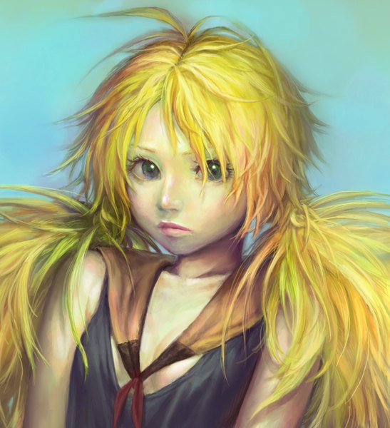 Anime picture 1399x1536 with original yurinko (artist) single long hair tall image simple background blonde hair twintails bare shoulders green eyes cleavage lips realistic face girl