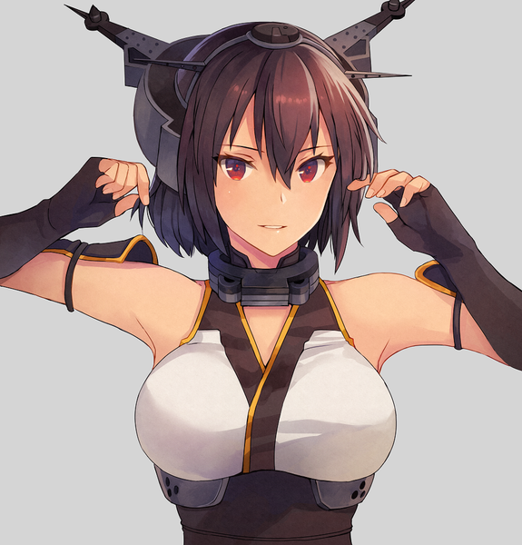 Anime picture 958x1000 with kantai collection nagato battleship kasumi (skchkko) single tall image blush fringe short hair breasts black hair simple background hair between eyes red eyes large breasts upper body parted lips grey background arms up alternate hairstyle alternate hair length