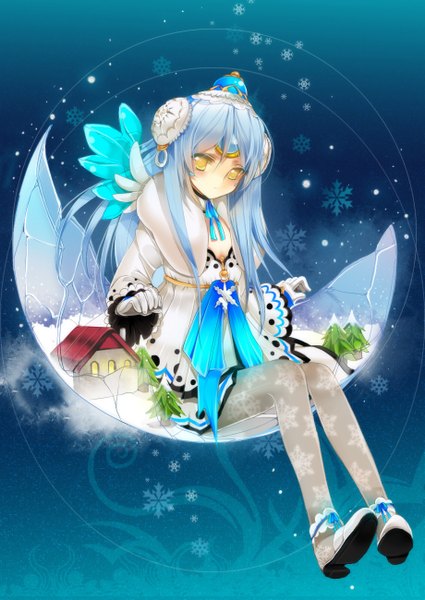 Anime picture 920x1300 with elsword eve (elsword) meow single long hair tall image looking at viewer blush yellow eyes blue hair blue background snowflake print girl dress hair ornament pantyhose snowflake (snowflakes)