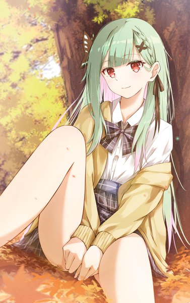 Anime picture 3541x5632 with virtual youtuber hololive uruha rushia uruha rushia (school uniform) daidai (daidai826) single long hair tall image fringe highres light erotic smile red eyes sitting absurdres outdoors multicolored hair green hair bare legs official alternate costume