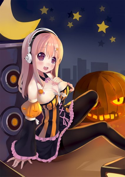 Anime picture 1024x1445 with nitroplus super sonico ririko (zhuoyandesailaer) single long hair tall image blush breasts open mouth light erotic red eyes large breasts pink hair halloween girl detached sleeves headphones star (symbol) vegetables jack-o'-lantern