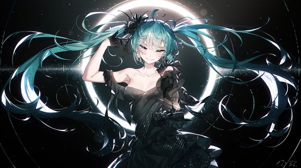 Anime picture 2450x1369 with vocaloid hatsune miku qys3 single looking at viewer fringe highres breasts smile wide image signed payot cleavage ahoge very long hair aqua eyes off shoulder aqua hair sparkle outstretched arm