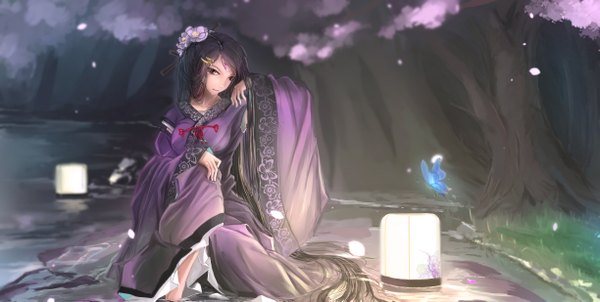 Anime picture 2445x1233 with original kikivi single looking at viewer highres wide image sitting brown eyes bent knee (knees) very long hair long sleeves traditional clothes japanese clothes hair flower arm up wide sleeves partially submerged cherry blossoms facial mark light