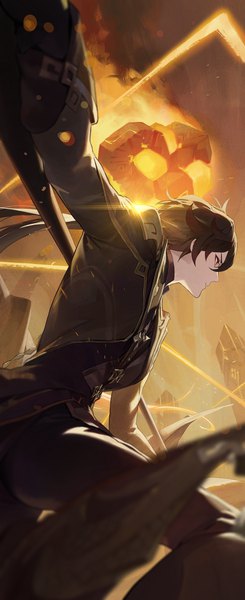 Anime picture 1500x3669 with genshin impact zhongli (genshin impact) modare single long hair tall image fringe black hair hair between eyes looking away profile outstretched arm low ponytail boy
