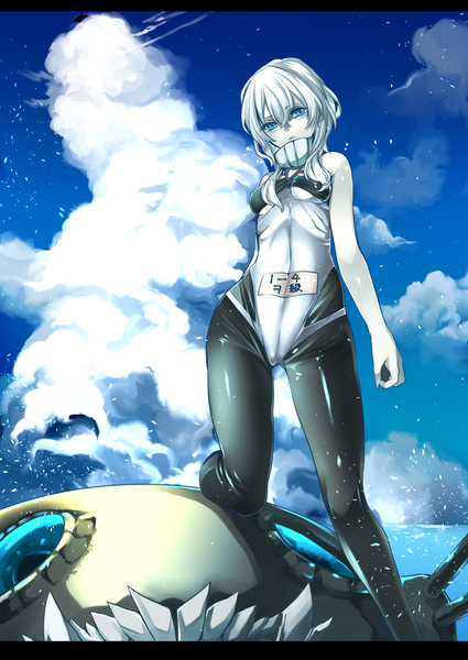Anime picture 1516x2140 with kantai collection wo-class aircraft carrier rathke single tall image looking at viewer short hair blue eyes light erotic sky cloud (clouds) bent knee (knees) white hair from below covered navel pale skin shinkaisei-kan girl bodysuit