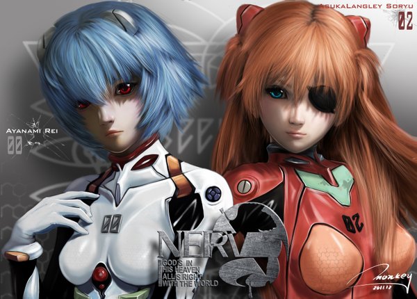 Anime picture 2965x2125 with neon genesis evangelion rebuild of evangelion evangelion: 2.0 you can (not) advance gainax soryu asuka langley ayanami rei monkey (weibo) long hair fringe highres short hair blue eyes red eyes multiple girls signed blue hair red hair orange hair realistic inscription