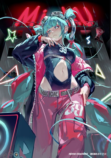 Anime picture 2079x2953 with vocaloid magical mirai (vocaloid) hatsune miku magical mirai miku magical mirai miku (2023) kako (pixiv77158173) single tall image looking at viewer fringe highres light erotic blunt bangs very long hair nail polish aqua eyes aqua hair bare belly from below goggles on head