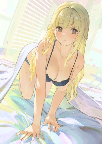Anime picture 2894x4093 with original ddal single long hair tall image looking at viewer fringe highres breasts light erotic blonde hair large breasts brown eyes cleavage full body indoors blunt bangs braid (braids) parted lips mole