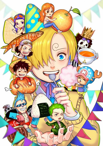 Anime picture 1000x1414 with one piece toei animation nami (one piece) monkey d. luffy nico robin roronoa zoro sanji tony tony chopper usopp franky brook (one piece) an ri long hair tall image looking at viewer blush fringe short hair open mouth blue eyes