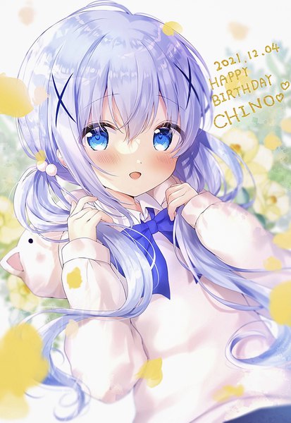 Anime picture 1160x1687 with gochuumon wa usagi desu ka? white fox kafuu chino amedamacon single long hair tall image looking at viewer blush fringe open mouth blue eyes hair between eyes twintails purple hair upper body :d character names low twintails dated