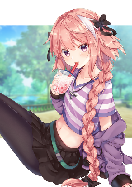 Anime picture 1059x1500 with fate (series) fate/grand order fate/apocrypha astolfo (fate) emilion single long hair tall image looking at viewer blush fringe open mouth smile hair between eyes white background sitting purple eyes holding payot pink hair