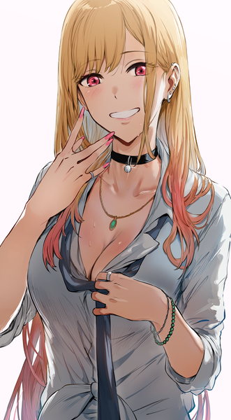 Anime picture 4569x8278 with sono bisque doll wa koi wo suru cloverworks kitagawa marin hews single long hair tall image looking at viewer blush fringe highres breasts light erotic simple background blonde hair smile red eyes large breasts white background absurdres
