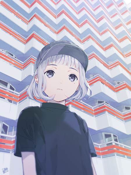 Anime picture 810x1080 with original mosuko single tall image short hair purple eyes signed silver hair upper body mole mole under eye expressionless girl building (buildings) t-shirt baseball cap house