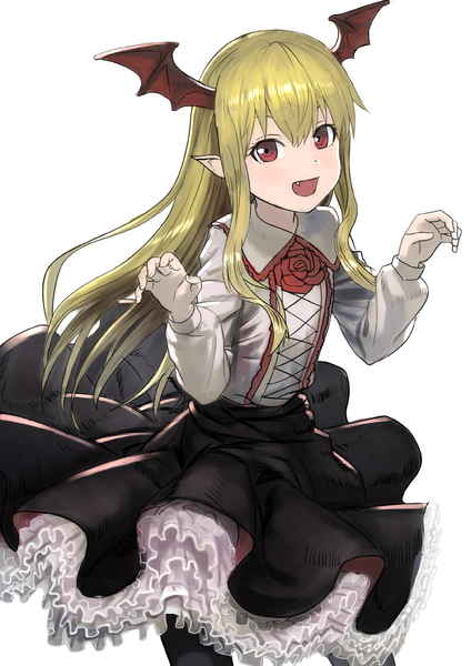 Anime picture 1190x1684 with granblue fantasy vampy wasabi60 single long hair tall image looking at viewer fringe open mouth blonde hair simple background hair between eyes red eyes white background fang (fangs) head wings girl skirt wings black skirt