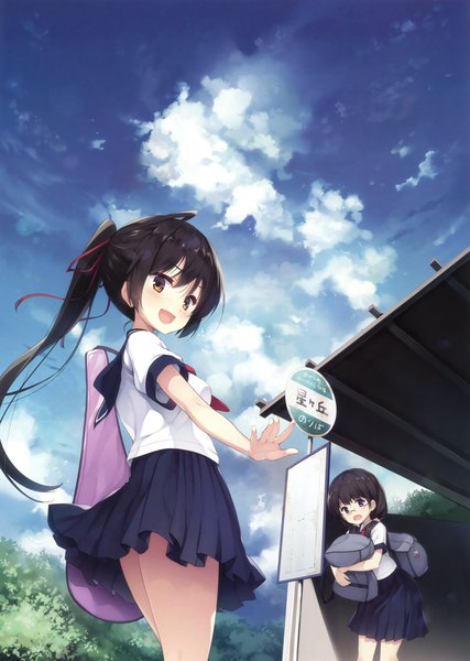 Anime picture 2494x3500 with original senji (tegone spike) long hair tall image looking at viewer blush highres open mouth black hair multiple girls brown eyes sky cloud (clouds) ponytail scan from below outstretched arm girl skirt uniform