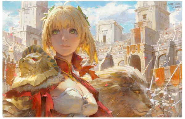 Anime picture 1200x778 with fate (series) fate/grand order fate/extra nero claudius (fate) (all) nero claudius (fate) krenz fringe short hair breasts blonde hair green eyes signed looking away sky cleavage cloud (clouds) ahoge upper body outdoors copyright name