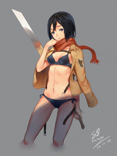 Anime picture 1106x1477 with shingeki no kyojin production i.g mikasa ackerman salmon88 single tall image looking at viewer short hair light erotic black hair simple background black eyes open clothes open jacket midriff girl navel underwear panties weapon