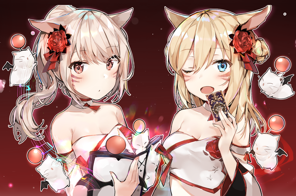 Anime picture 1632x1080 with final fantasy final fantasy xiv square enix miqo'te moogle sabet (young ouo) long hair looking at viewer blush open mouth blue eyes blonde hair bare shoulders multiple girls animal ears upper body ponytail one eye closed hair flower wink