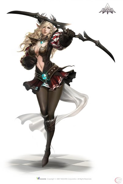 Anime picture 1680x2508 with atlantica online long hair tall image blonde hair simple background white background green eyes pointy ears inscription girl navel bow (weapon)