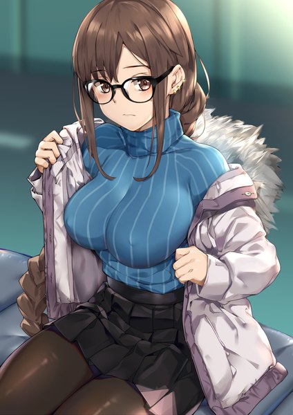 Anime picture 800x1131 with fate (series) fate/grand order yu mei-ren (fate) hidebuu single long hair tall image looking at viewer blush fringe breasts light erotic brown hair large breasts sitting brown eyes payot braid (braids) long sleeves pleated skirt